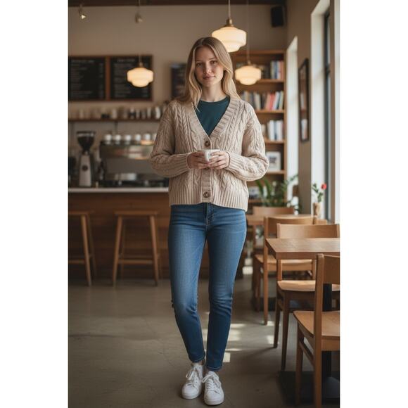 American Eagle Outfitters Sweaters - American Eagle Cable Knit Fisherman Cropped Y2K Cream Button Cardigan Sz Small